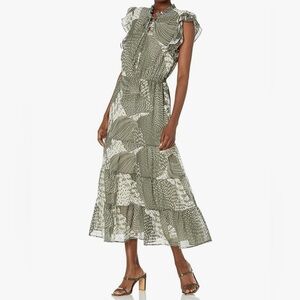 Philosophy Geometric Olive Green Romantic Cottagecore Tiered Midi Dress S/P